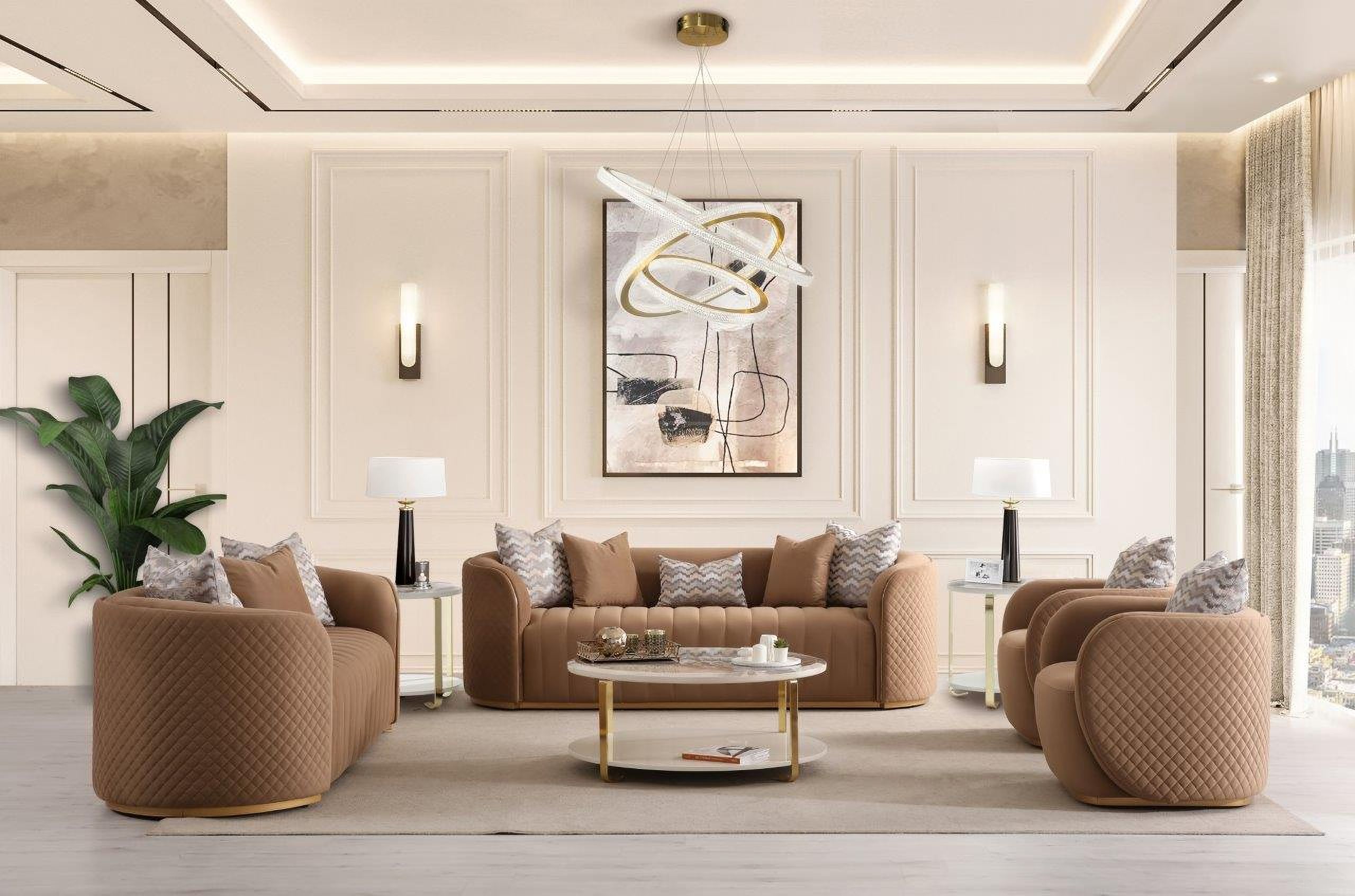 The appearance of Ariana Velvet Living Room Set In Caramel and Gold designed by Michael Amini in the transitional interior design. This caramel/gold piece of furniture was selected by 1StopBedrooms from Ariana Collection to add a touch of cosiness and style into your home. Sku: LFR-ARNA815-CML-806;LFR-ARNA825-CML-806. Material: Beech.
