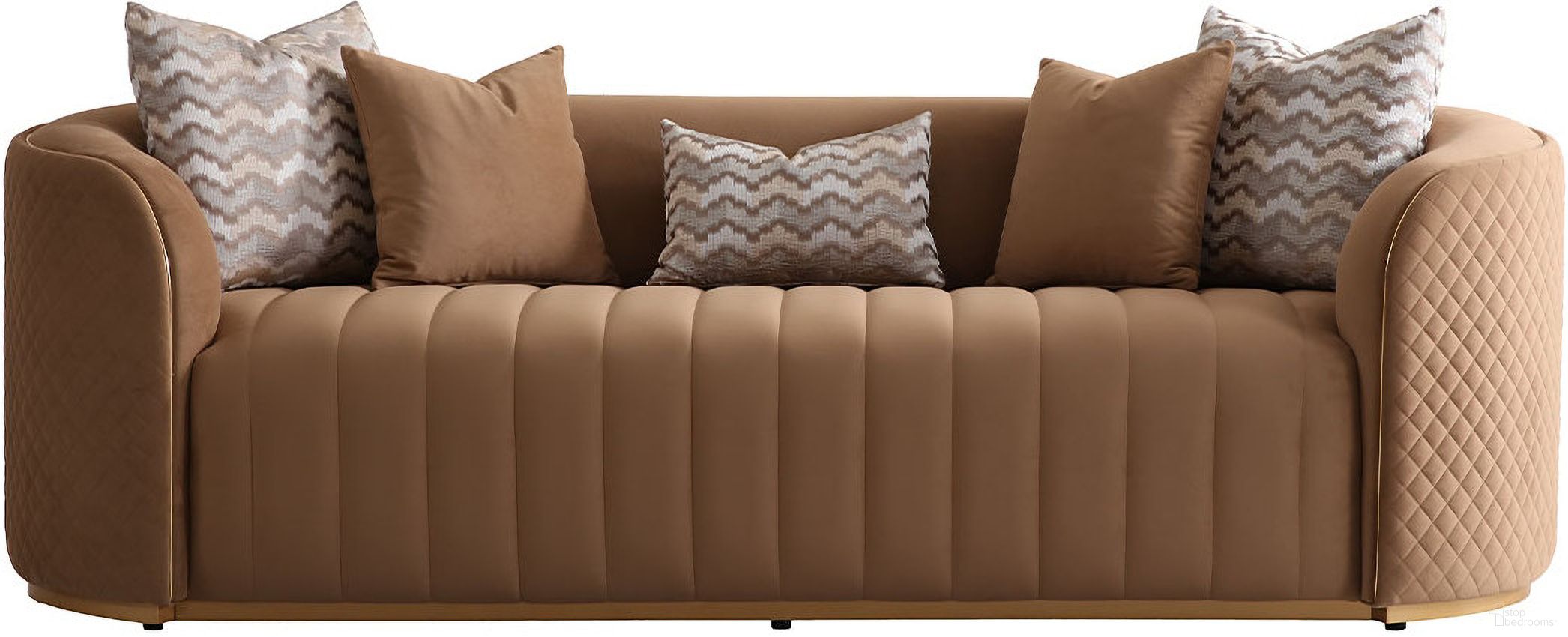 The appearance of Ariana Velvet Sofa In Caramel and Gold designed by Michael Amini in the transitional interior design. This caramel/gold piece of furniture was selected by 1StopBedrooms from Ariana Collection to add a touch of cosiness and style into your home. Sku: LFR-ARNA815-CML-806. Material: Beech.