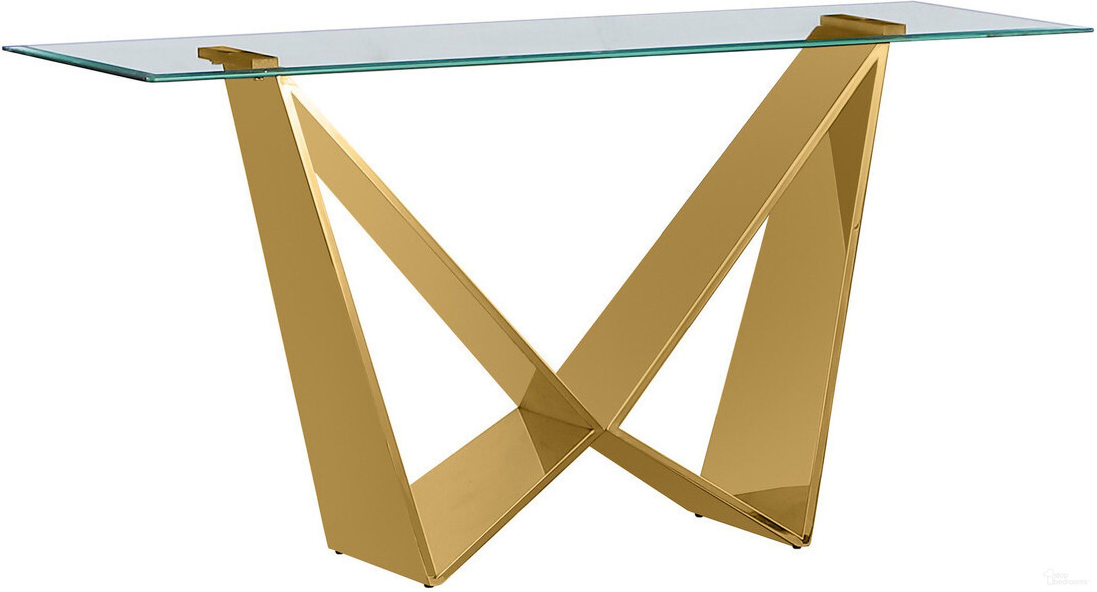 The appearance of Arie Console Table In 10mm Clear Tempered Glass and Gold Stainless Steel designed by Best Quality Furniture in the modern / contemporary interior design. This gold/glass piece of furniture  was selected by 1StopBedrooms from Arie Collection to add a touch of cosiness and style into your home. Sku: CT405-T;CT405-B. Material: Glass.