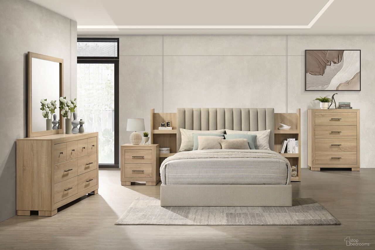 The appearance of Arielle Bookcase Panel Storage Bedroom Set In Light Oak designed by Coaster in the transitional interior design. This light oak piece of furniture was selected by 1StopBedrooms from Arielle Collection to add a touch of cosiness and style into your home. Sku: 223111QB1;223111QB2;223112. Material: Fabric. Bed Size: King.