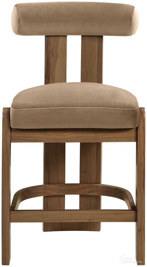 Arienzo Velvet Upholstered Counter Stool Set of 2 In Beige and Stained Walnut