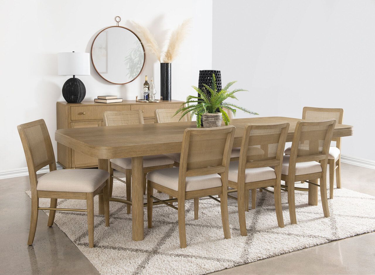 The appearance of Arini Extension Leaf Dining Room Set In Sand Wash designed by Coaster in the coastal interior design. This sand wash piece of furniture was selected by 1StopBedrooms from Arini Collection to add a touch of cosiness and style into your home. Sku: 108931;108932SWD. Table Top Shape: Rectangular. Material: Ash Veneer. Size: 42" x 86".