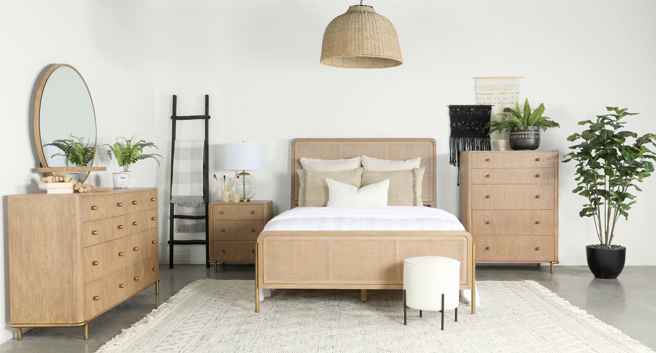 The appearance of Arini Rattan California King Panel Bed In Sand Wash and Natural designed by Coaster in the coastal interior design. This sand wash/natural piece of furniture was selected by 1StopBedrooms from Arini Collection to add a touch of cosiness and style into your home. Sku: 224300KWB1;224300KWB2;224300KWB3. Bed Type: Panel Bed. Material: Metal. Bed Size: California King.