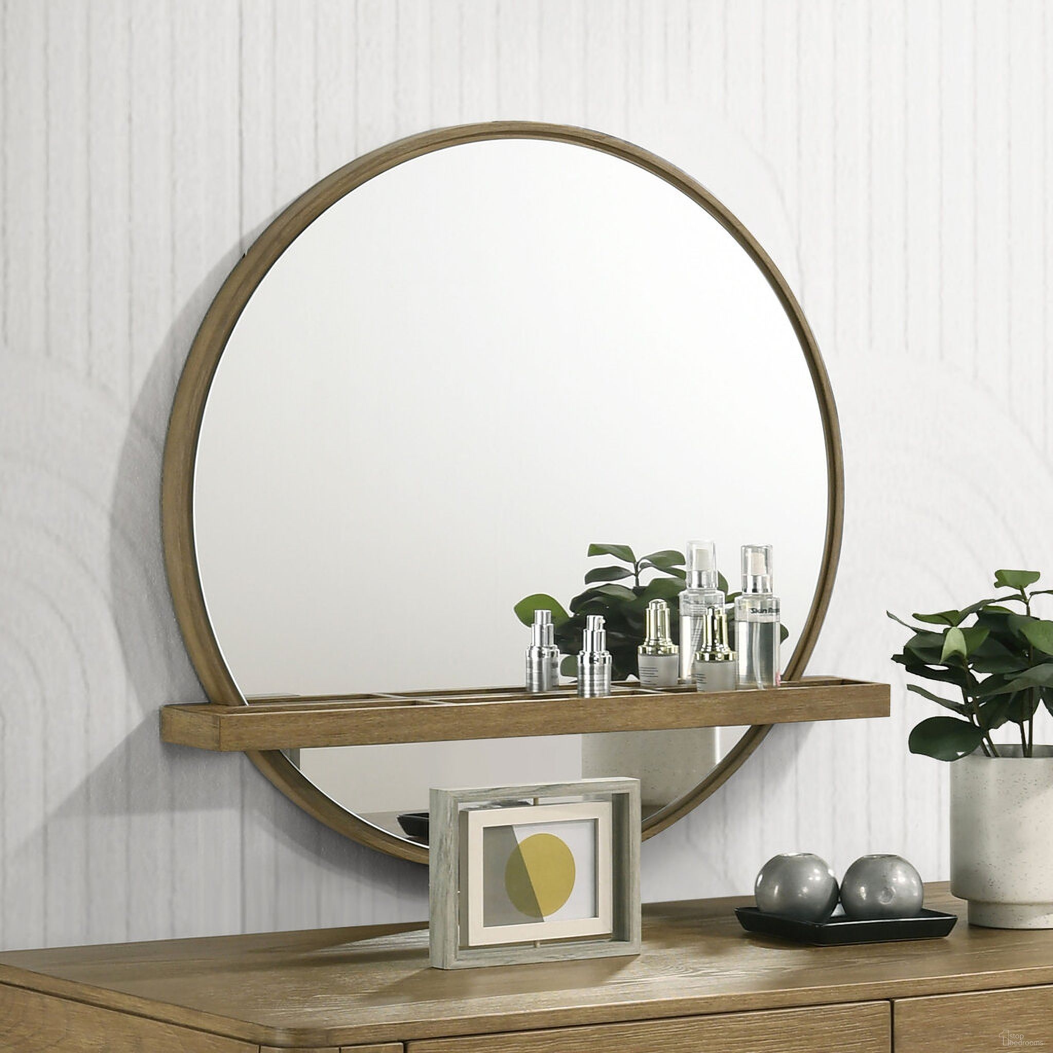 The appearance of Arini Round Vanity Wall Mirror with Shelf Sand Wash designed by Coaster in the coastal interior design. This sand piece of furniture was selected by 1StopBedrooms from Arini Collection to add a touch of cosiness and style into your home. Sku: 224308. Material: Wood.