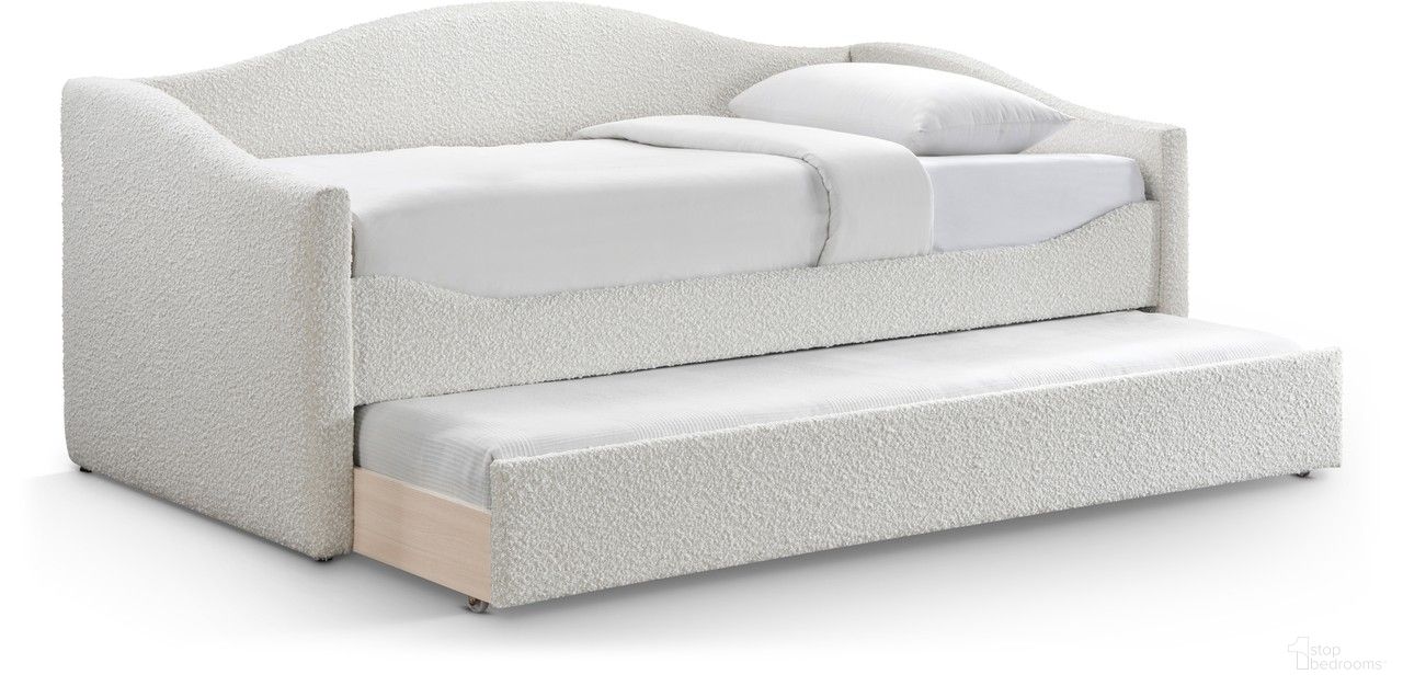 The appearance of Arlo Boucle Fabric Twin Daybed In Cream designed by Meridian in the modern / contemporary interior design. This cream piece of furniture was selected by 1StopBedrooms from Arlo Collection to add a touch of cosiness and style into your home. Sku: ArloCream-T Box 1/2 (Side Arms / Slats / Trundle Panel);ArloCream-T Box 2/2 (Back / Side Rail). Bed Type: Daybed. Material: Wood. Bed Size: Twin.