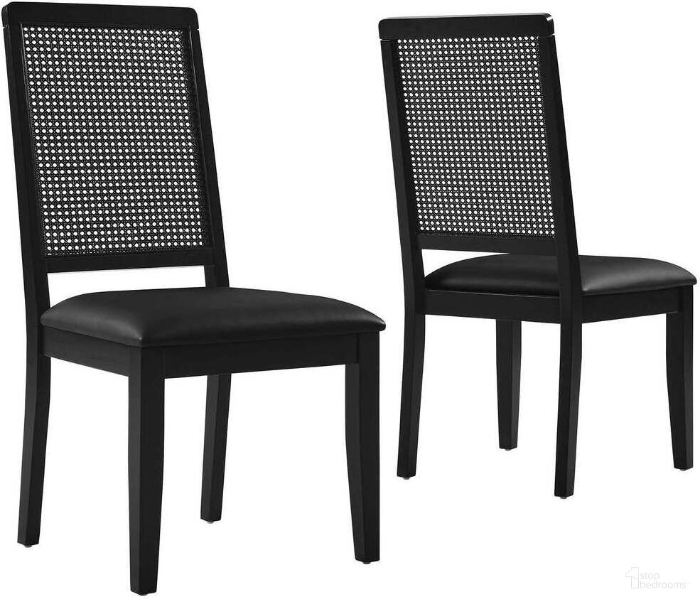 Arlo Vegan Leather Upholstered Faux Rattan and Wood Dining Side Chair Set of 2 In Black