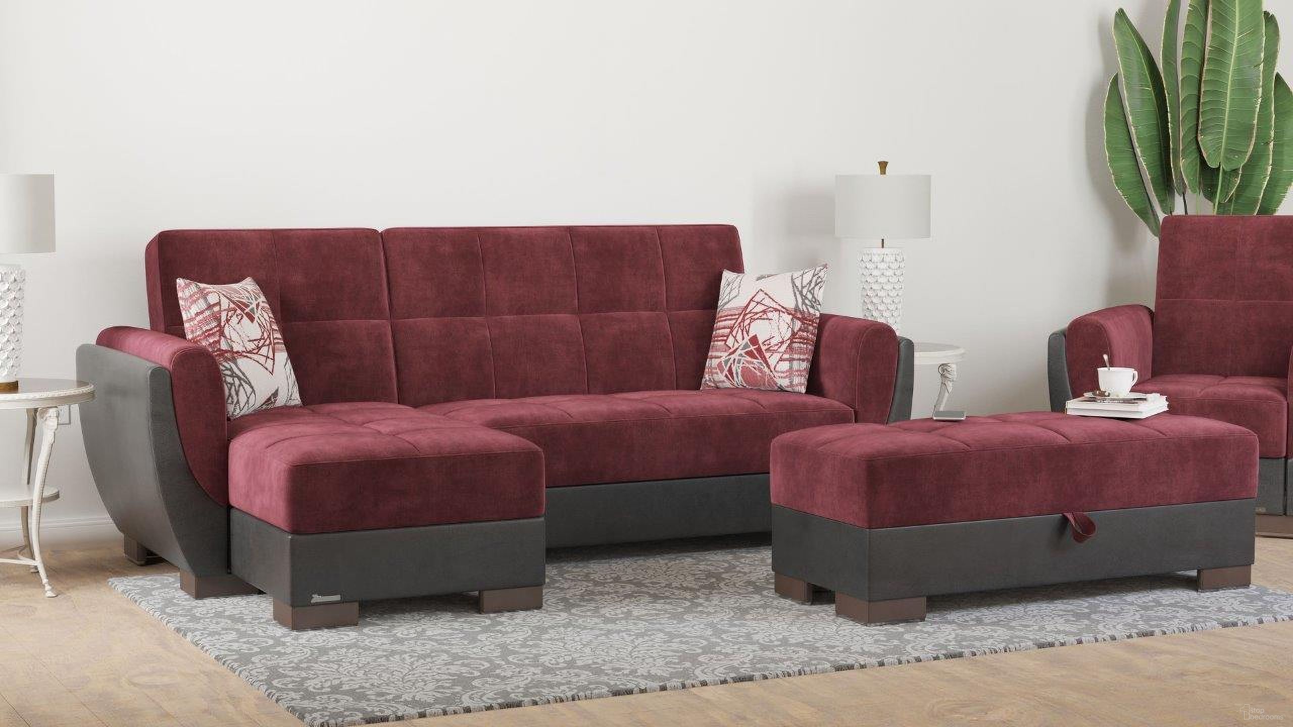 The appearance of Armada Air Upholstered Convertible Chaise Lounge with Storage In Burgundy designed by Casamode in the modern / contemporary interior design. This burgundy and black piece of furniture was selected by 1StopBedrooms from Armada Air Collection to add a touch of cosiness and style into your home. Sku: AIR-CL-110. Material: Microfiber. Layout: Sofa & Chaise.