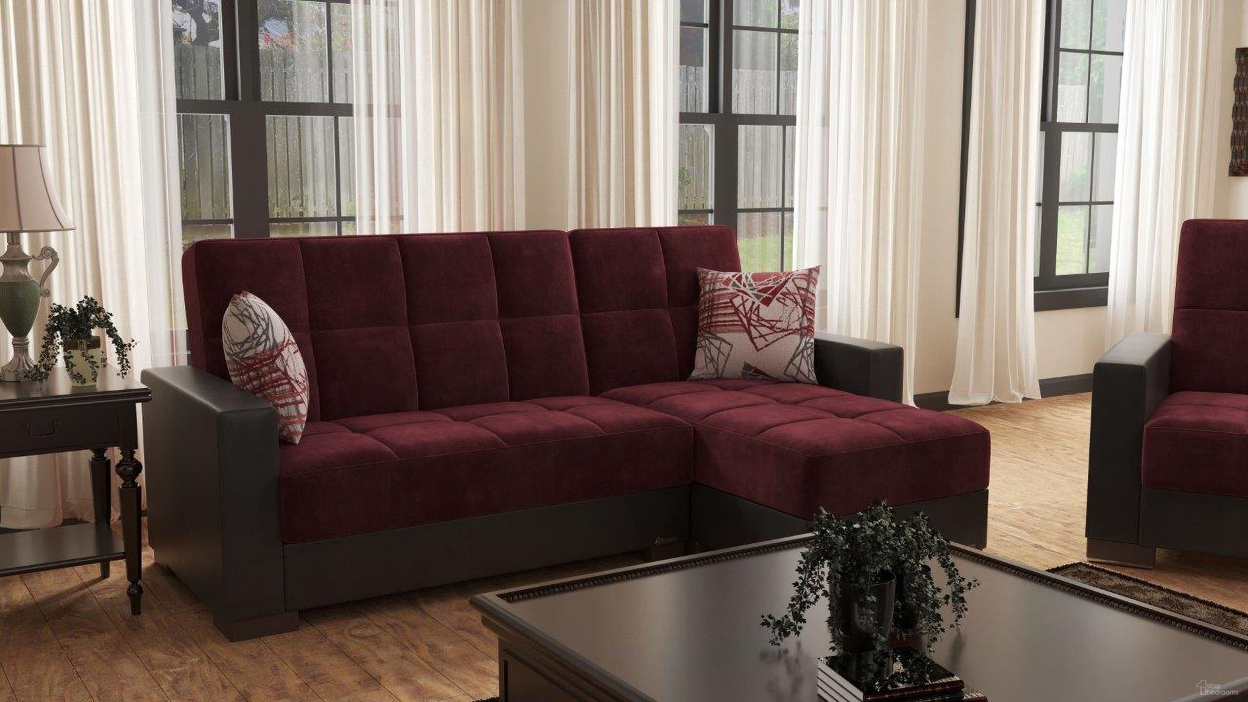 The appearance of Armada Upholstered Convertible Chaise Lounge with Storage In Burgundy designed by Casamode in the modern / contemporary interior design. This burgundy and black piece of furniture was selected by 1StopBedrooms from Armada Collection to add a touch of cosiness and style into your home. Sku: ARM-CL-10. Material: Microfiber. Layout: Sofa & Chaise.
