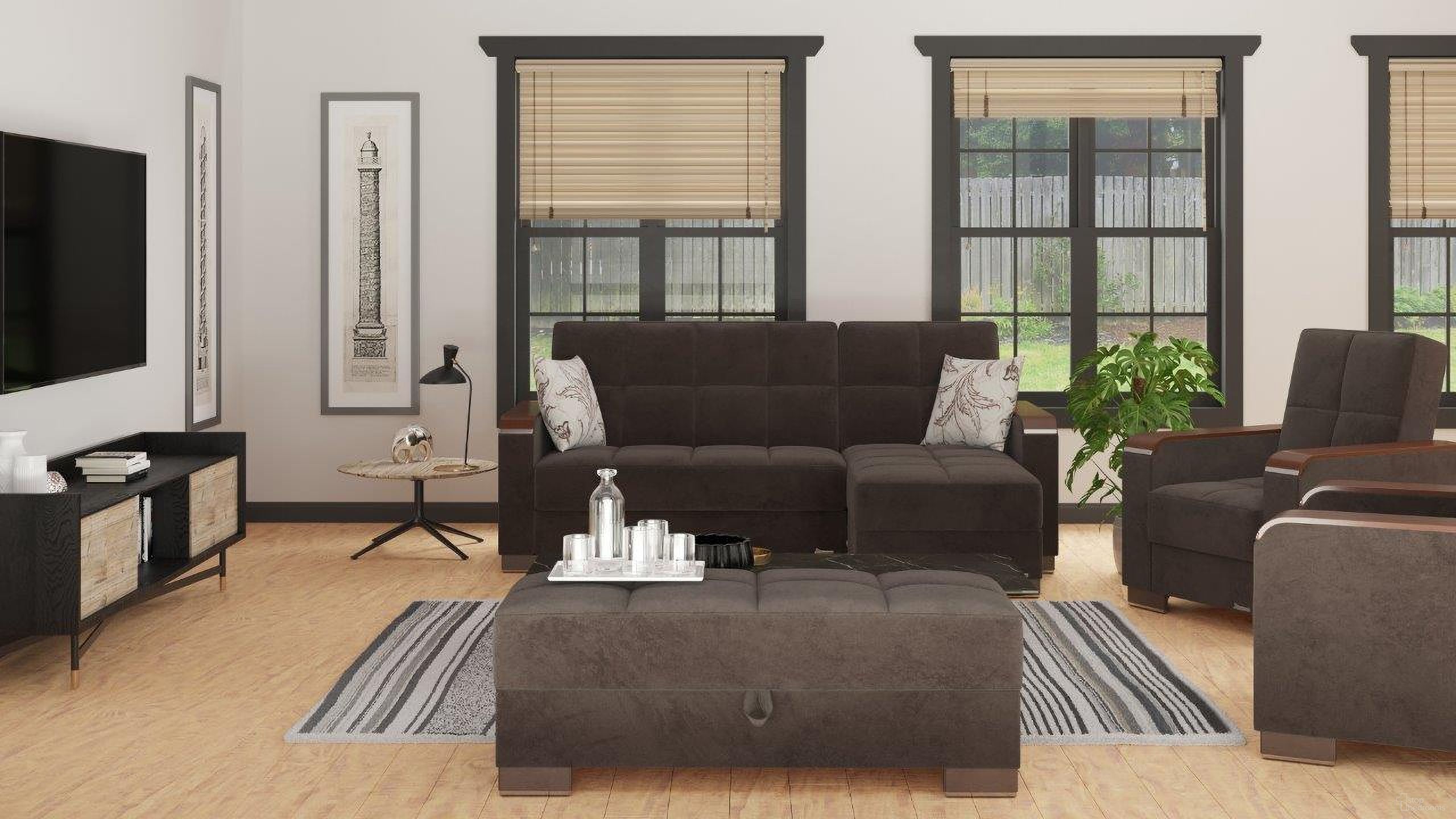 The appearance of Armada X Upholstered Convertible Wood Trimmed Chaise Lounge with Storage In Dark Brown designed by Casamode in the modern / contemporary interior design. This brown piece of furniture was selected by 1StopBedrooms from Armada X Collection to add a touch of cosiness and style into your home. Sku: ARM-W-CL-308. Material: Microfiber. Layout: Sofa & Chaise.