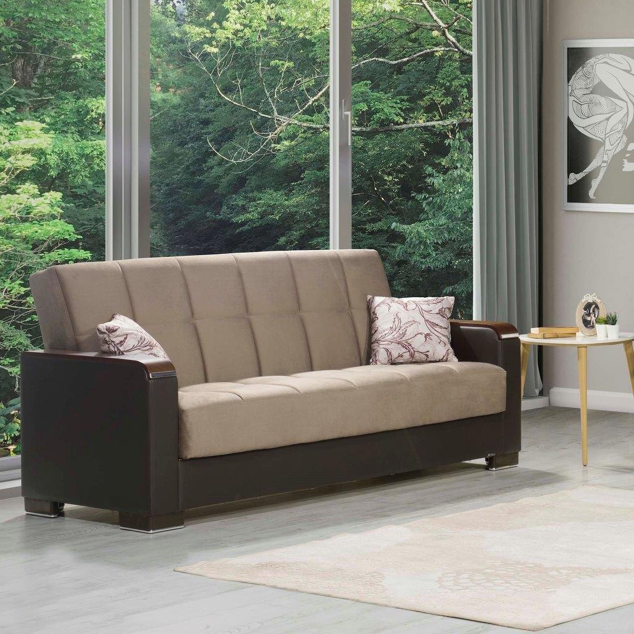 The appearance of Armada X Upholstered Convertible Wood Trimmed Sofabed with Storage In Brown And Sand designed by Casamode in the modern / contemporary interior design. This brown/sand piece of furniture was selected by 1StopBedrooms from Armada X Collection to add a touch of cosiness and style into your home. Sku: ARM-W-SB-309. Material: Chenille.