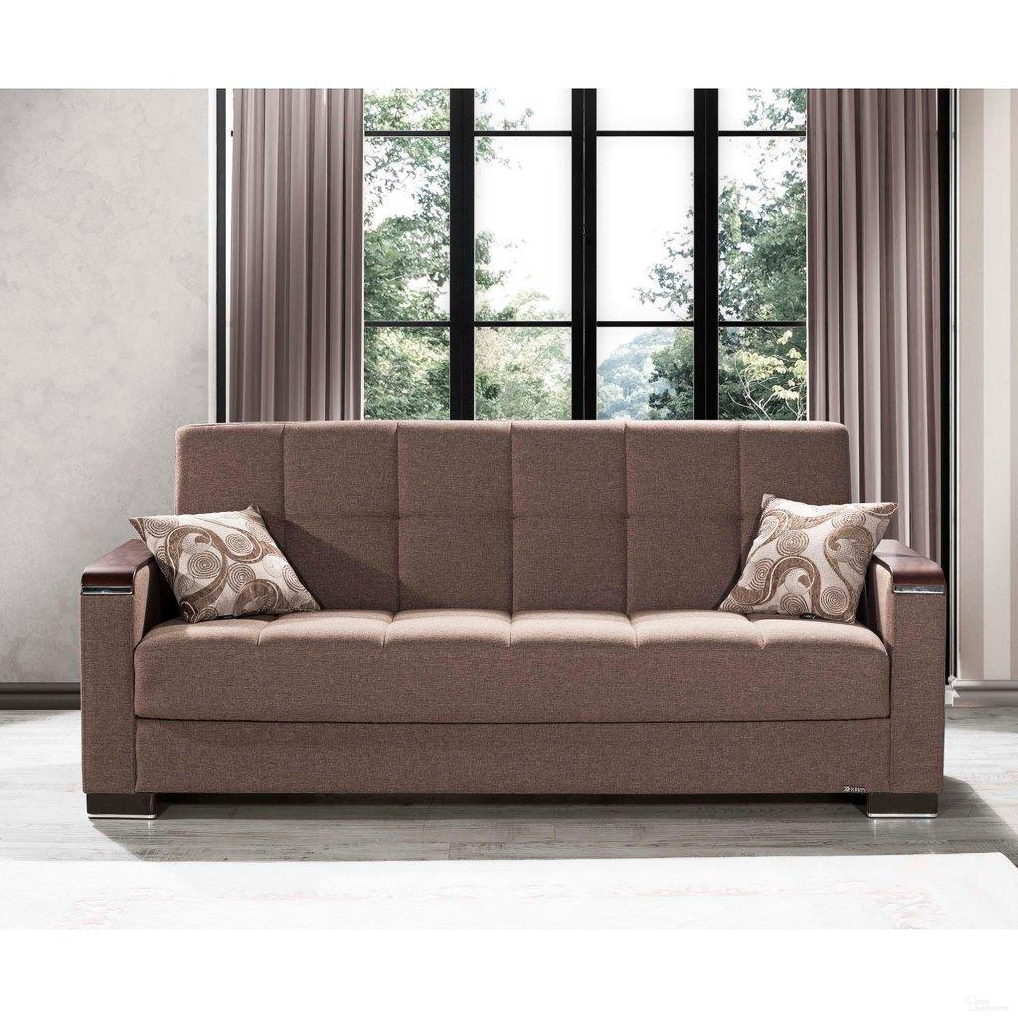 The appearance of Armada X Upholstered Convertible Wood Trimmed Sofabed with Storage In Light Brown designed by Casamode in the modern / contemporary interior design. This light brown piece of furniture was selected by 1StopBedrooms from Armada X Collection to add a touch of cosiness and style into your home. Sku: ARM-W-SB-312. Material: Chenille.