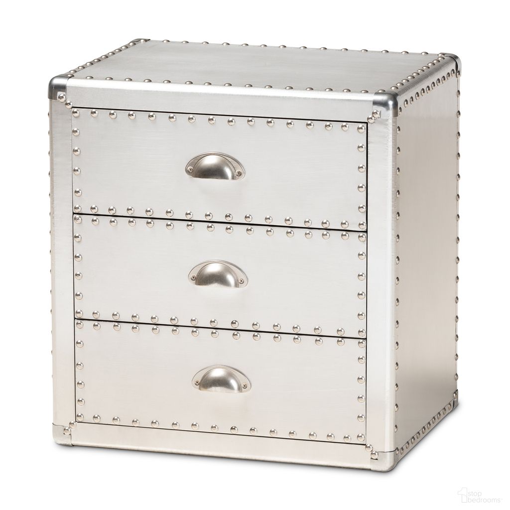 The appearance of Armel Metal 3 Drawer End Table In Silver designed by Baxton Studio in the transitional interior design. This silver piece of furniture  was selected by 1StopBedrooms from Armel Collection to add a touch of cosiness and style into your home. Sku: JY17B163-Silver-ET. Material: Aluminum.
