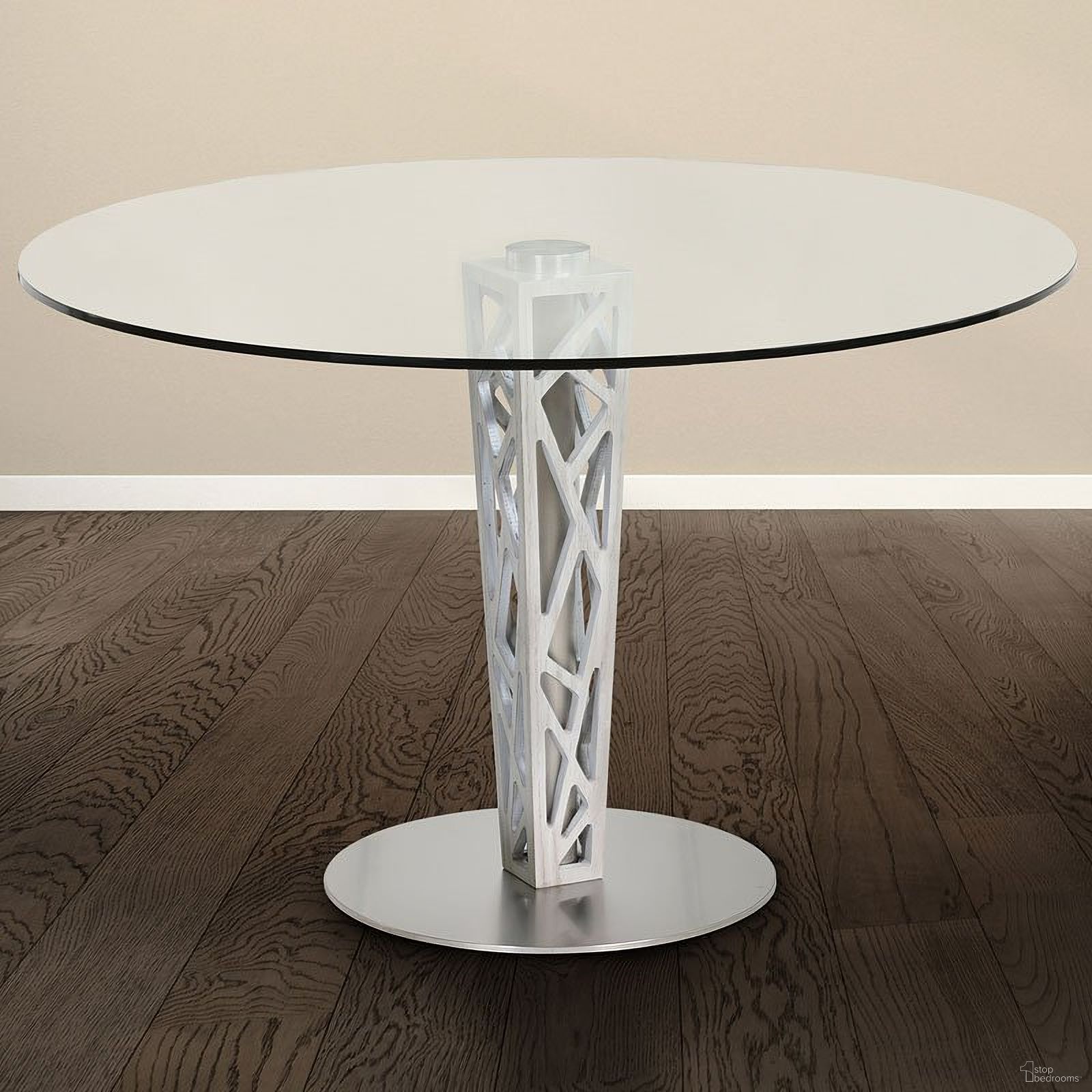 The appearance of Armen Living Crystal Round Dining Table designed by Armen Living in the modern / contemporary interior design. This brushed piece of furniture was selected by 1StopBedrooms from Crystal Collection to add a touch of cosiness and style into your home. Sku: LCCRDITOCLGL;LCCRDILG;LCCRDIBAGRBS. Table Base Style: Pedestal. Table Top Shape: Round. Material: Stainless Steel. Size: 48".