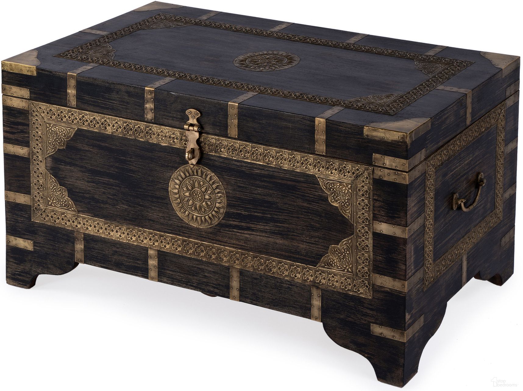 The appearance of Artifacts Nador Hand-Painted Brass Inlay Storage Trunk Coffee Table In Brown designed by Butler Specialty Company in the bohemian interior design. This brown piece of furniture  was selected by 1StopBedrooms from Artifacts Collection to add a touch of cosiness and style into your home. Sku: 3365451. Material: Wood.