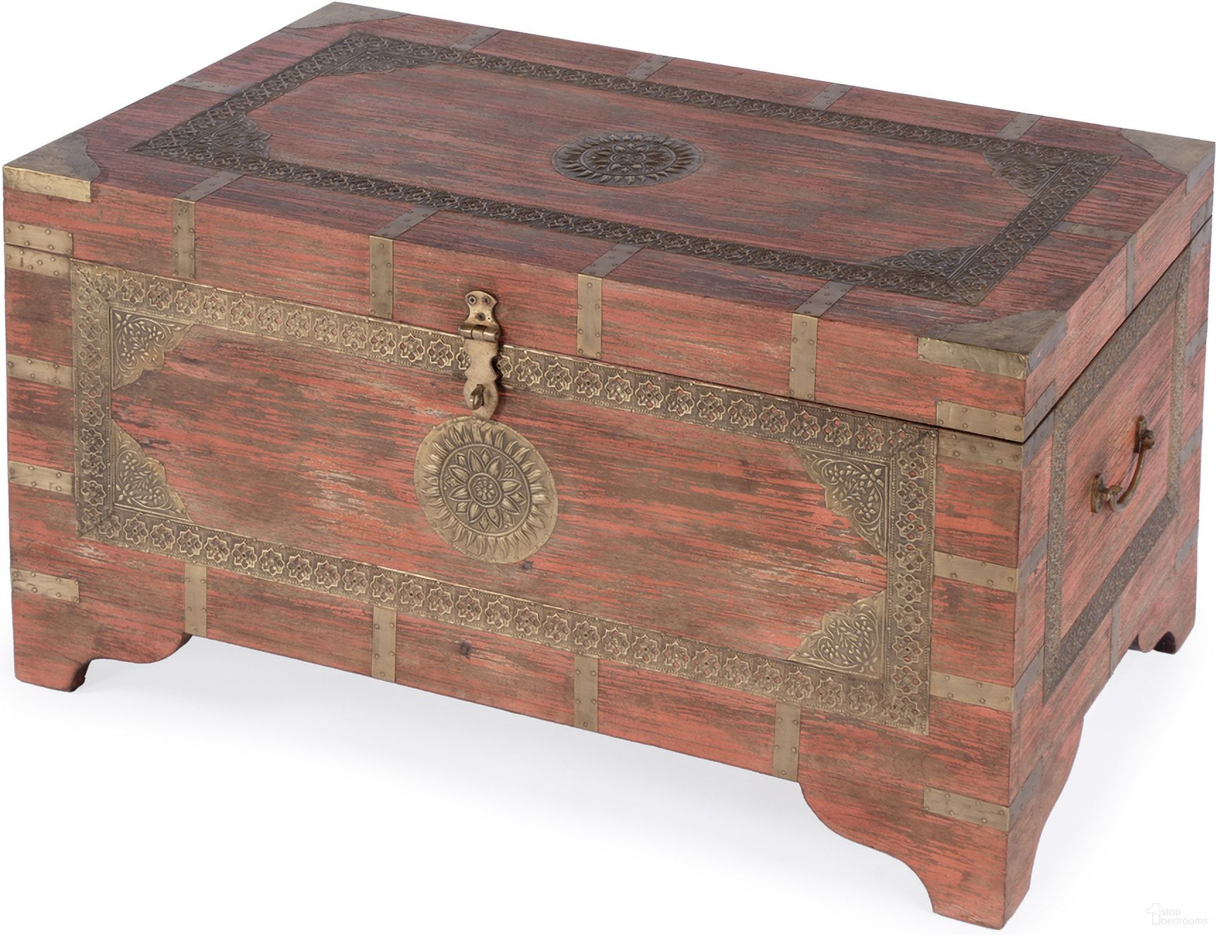 The appearance of Artifacts Nador Hand-Painted Brass Inlay Storage Trunk Coffee Table In Pink designed by Butler Specialty Company in the bohemian interior design. This pink piece of furniture  was selected by 1StopBedrooms from Artifacts Collection to add a touch of cosiness and style into your home. Sku: 3365216. Material: Wood.