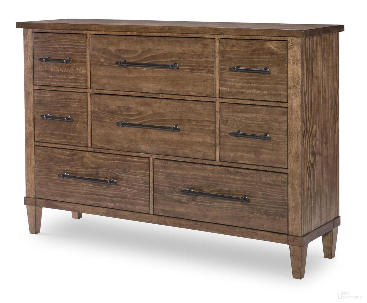 The appearance of Artisan's Place 8 Drawer Dresser In Vintage Pine and Ironwood designed by Legacy Classic in the modern / contemporary interior design. This vintage pine and ironwood piece of furniture was selected by 1StopBedrooms from Artisan's Place Collection to add a touch of cosiness and style into your home. Sku: 3270-1200. Material: Pine Veneer.