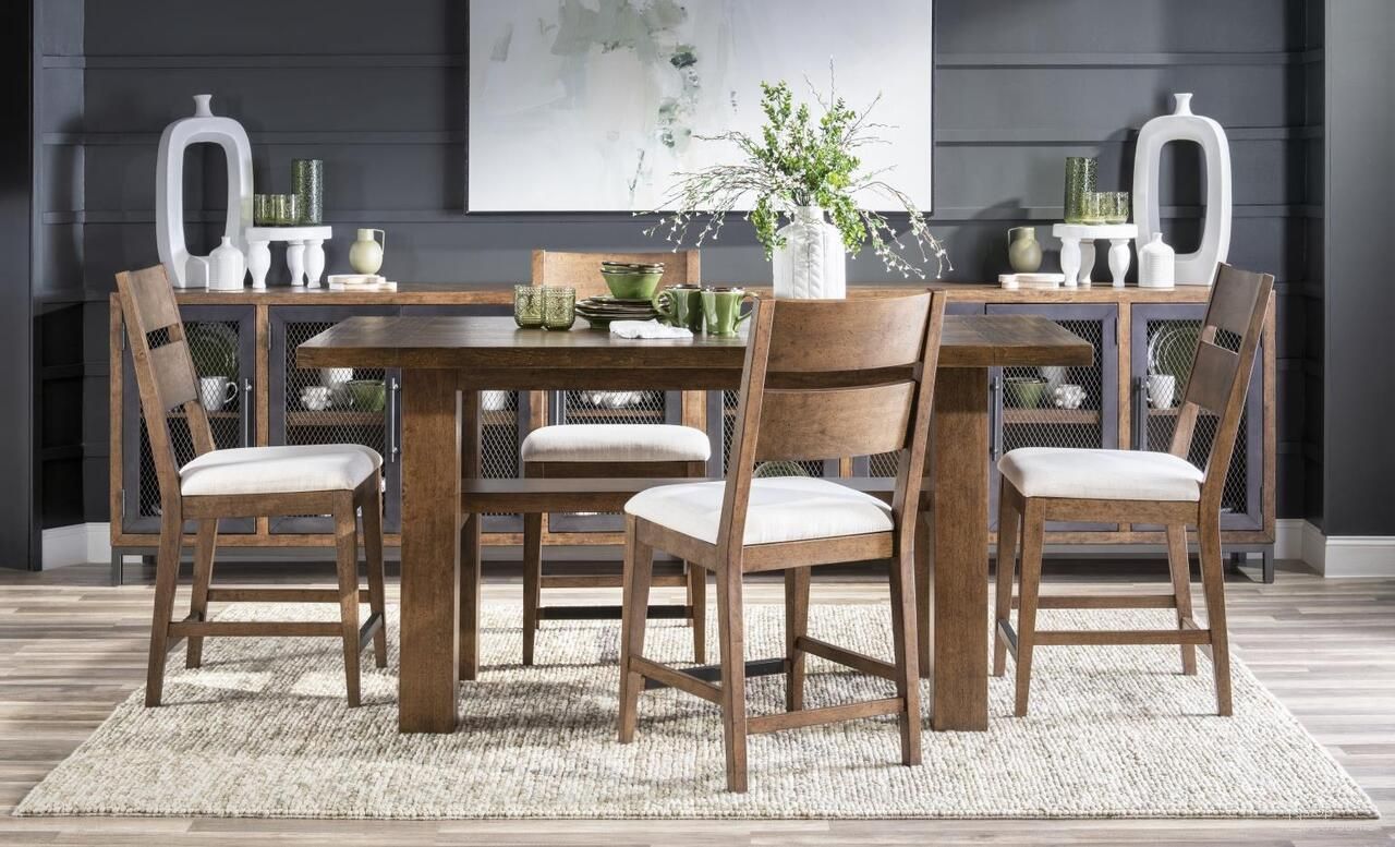 The appearance of Artisan's Place Counter Height Dining Room Set In Vintage Pine and Ironwood designed by Legacy Classic in the modern / contemporary interior design. This vintage pine and ironwood piece of furniture was selected by 1StopBedrooms from Artisan's Place Collection to add a touch of cosiness and style into your home. Sku: 3270-920;3270-946. Table Top Shape: Rectangular. Size: 72" x 36". Material: Pine Veneer.