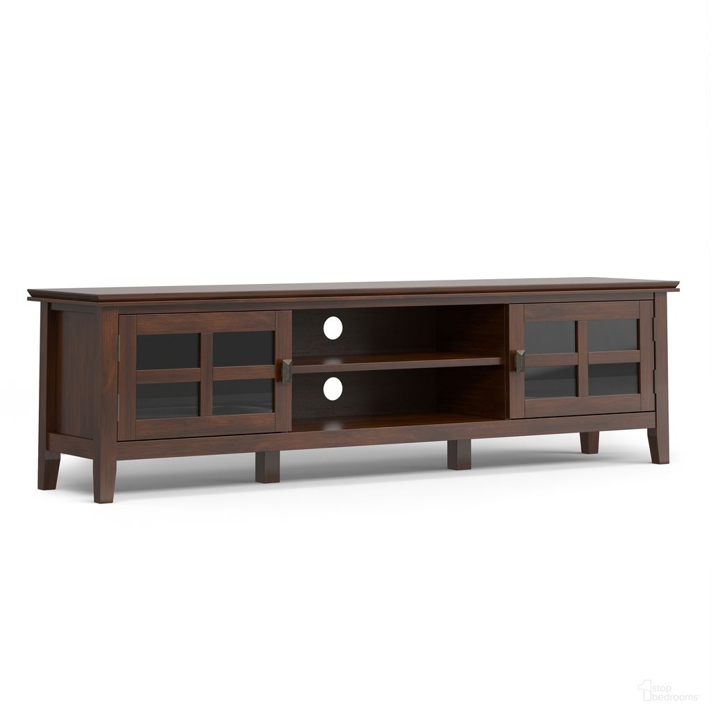 The appearance of Artisan Solid Wood 72 Inch Low TV Media Stand In Russet Brown designed by Simpli Home in the transitional interior design. This russet brown piece of furniture was selected by 1StopBedrooms from Artisan Collection to add a touch of cosiness and style into your home. Sku: AXCARTLOW-72-RUS. Material: Pine.