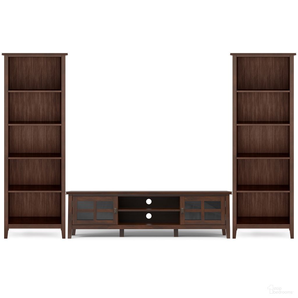 The appearance of Artisan Solid Wood 72 Inch Low TV Stand with 26 Inch 5 Shelf Bookcases Set of 3 In Russet Brown designed by Simpli Home in the modern / contemporary interior design. This russet brown piece of furniture  was selected by 1StopBedrooms from Artisan Collection to add a touch of cosiness and style into your home. Sku: ARMED002RUS. Material: Pine.