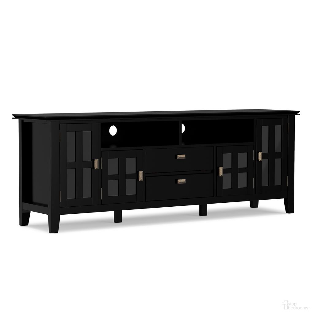 The appearance of Artisan Solid Wood 72 Inch TV Media Stand In Black designed by Simpli Home in the transitional interior design. This black piece of furniture  was selected by 1StopBedrooms from Artisan Collection to add a touch of cosiness and style into your home. Sku: AXCHOL005-72BL. Material: Pine.