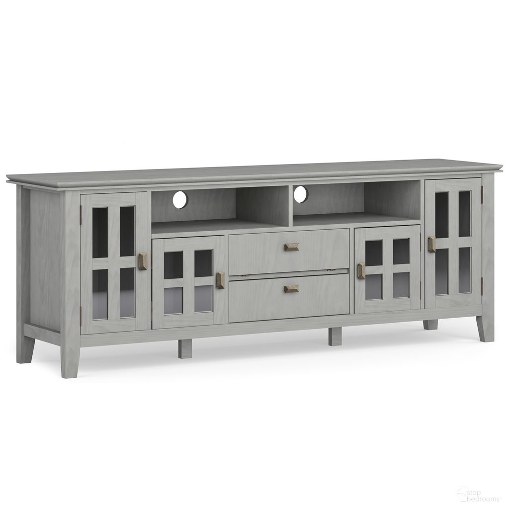 The appearance of Artisan Solid Wood 72 Inch TV Media Stand In Fog Grey designed by Simpli Home in the modern / contemporary interior design. This fog grey piece of furniture  was selected by 1StopBedrooms from Artisan Collection to add a touch of cosiness and style into your home. Sku: AXCART72-FOG. Material: Pine.