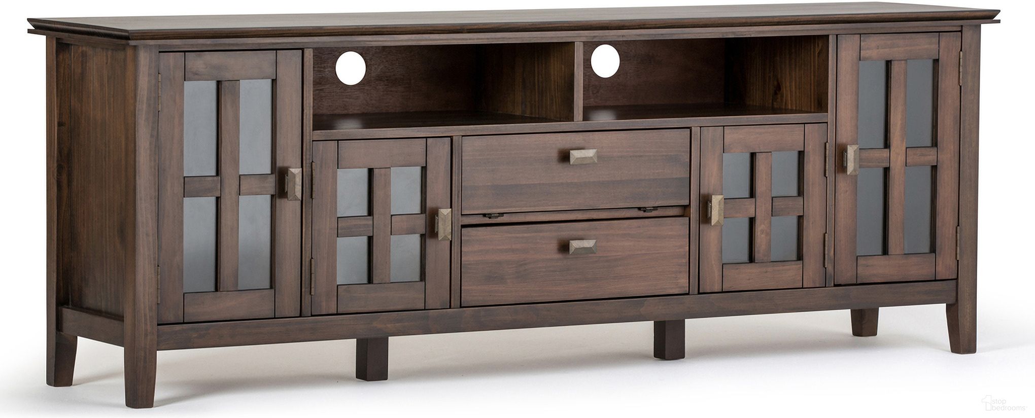 The appearance of Artisan Solid Wood 72 Inch TV Media Stand In Natural Aged Brown designed by Simpli Home in the transitional interior design. This natural aged brown piece of furniture was selected by 1StopBedrooms from Artisan Collection to add a touch of cosiness and style into your home. Sku: AXCHOL005-72-NAB. Material: Pine.