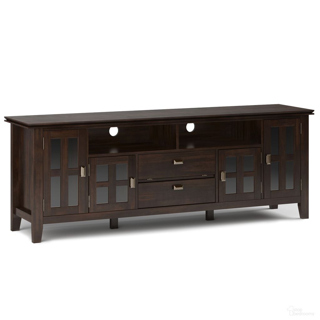The appearance of Artisan Solid Wood 72 Inch TV Media Stand In Tobacco Brown designed by Simpli Home in the transitional interior design. This tobacco brown piece of furniture was selected by 1StopBedrooms from Artisan Collection to add a touch of cosiness and style into your home. Sku: AXCART72-TB. Material: Pine.