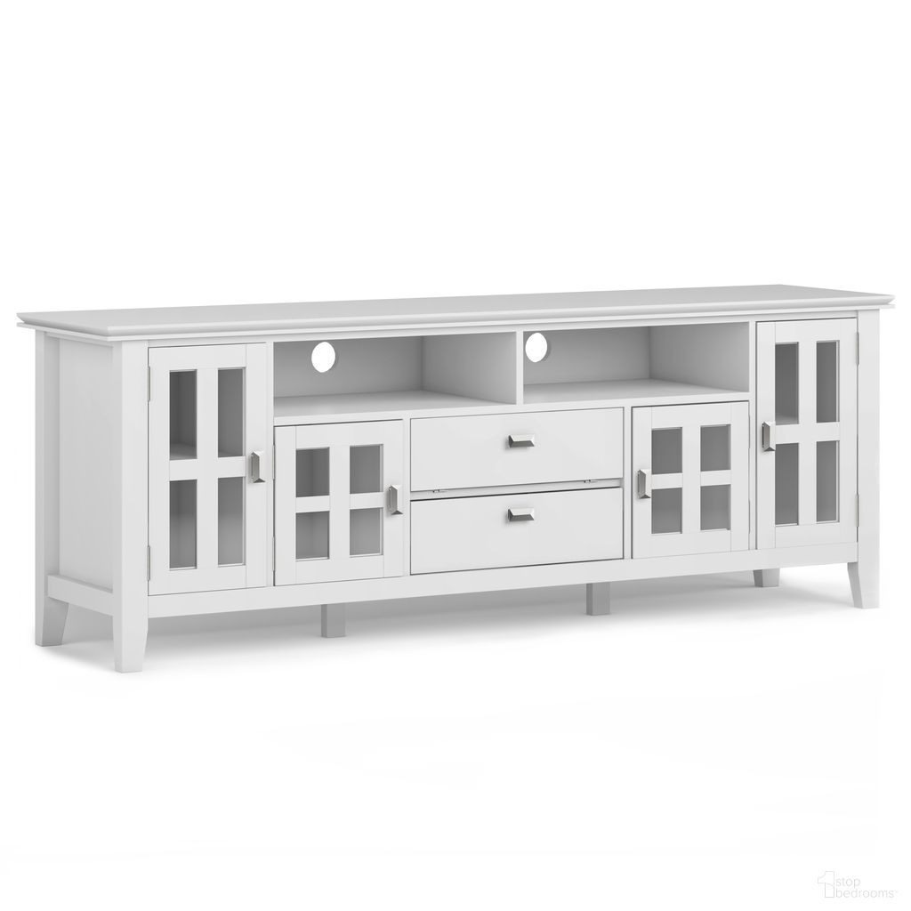 The appearance of Artisan Solid Wood 72 Inch TV Media Stand In White designed by Simpli Home in the modern / contemporary interior design. This white piece of furniture  was selected by 1StopBedrooms from Artisan Collection to add a touch of cosiness and style into your home. Sku: AXCART72-WH. Material: Pine.