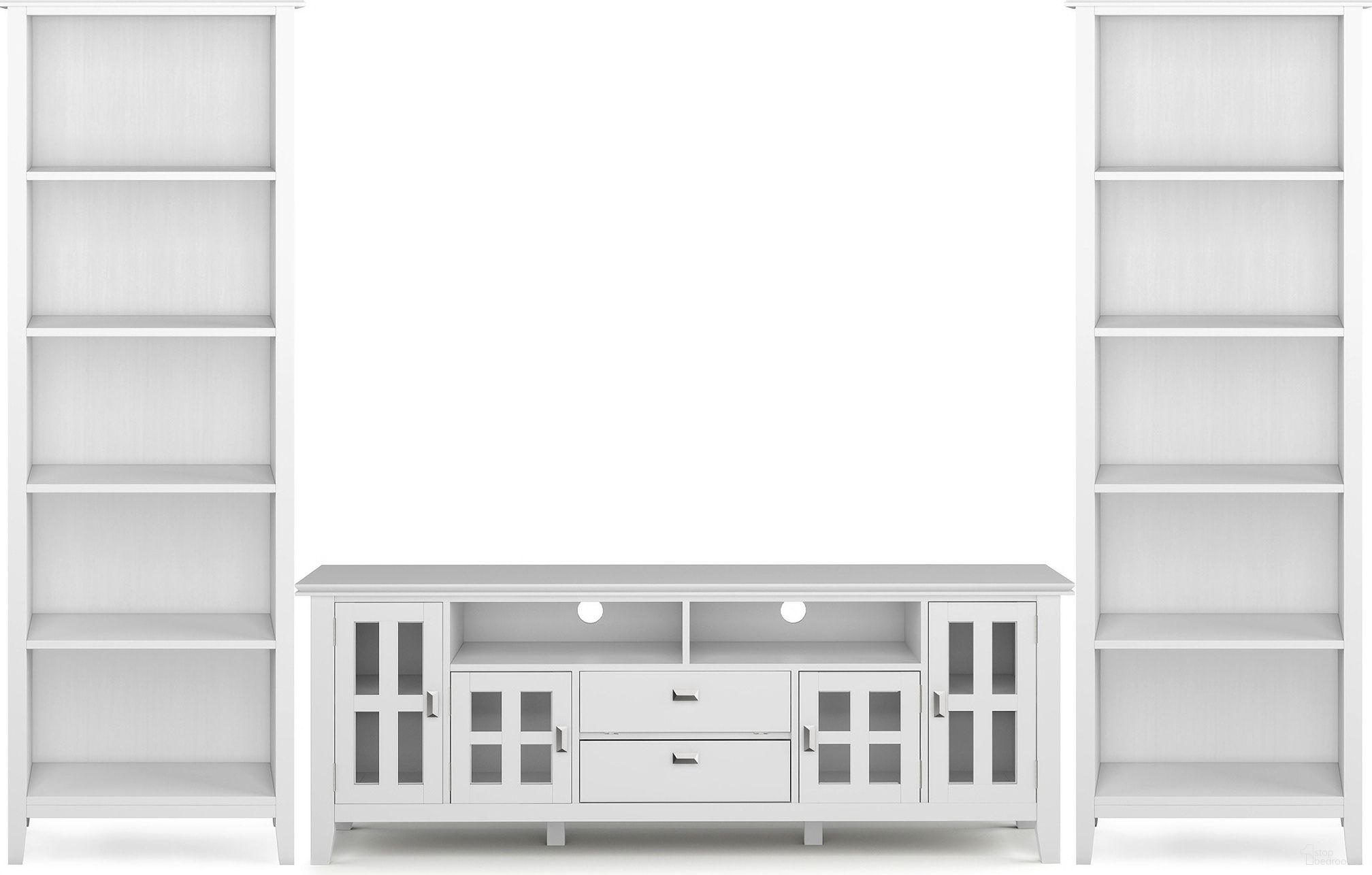 The appearance of Artisan Solid Wood 72 Inch TV Stand with 26 Inch 5 Shelf Bookcases Set of 3 In White designed by Simpli Home in the modern / contemporary interior design. This white piece of furniture  was selected by 1StopBedrooms from Artisan Collection to add a touch of cosiness and style into your home. Sku: ARMED001WH. Material: Pine.