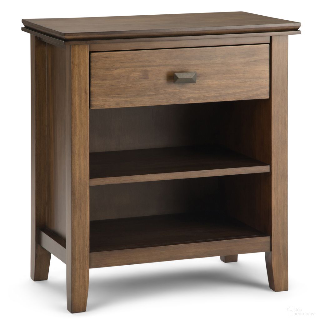 The appearance of Artisan Solid Wood Bedside Table In Rustic Natural Aged Brown designed by Simpli Home in the transitional interior design. This rustic natural aged brown piece of furniture  was selected by 1StopBedrooms from Artisan Collection to add a touch of cosiness and style into your home. Sku: 3AXCART-02RNAB. Material: Pine.