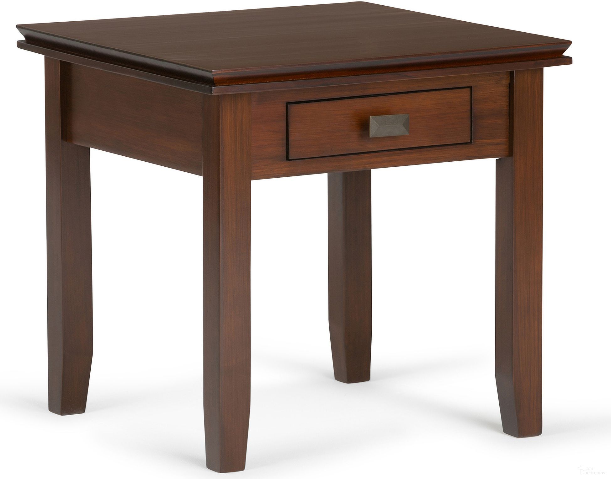 The appearance of Artisan Solid Wood End Table In Russet Brown designed by Simpli Home in the transitional interior design. This russet brown piece of furniture was selected by 1StopBedrooms from Artisan Collection to add a touch of cosiness and style into your home. Sku: AXCRART03-RUS. Material: Pine.