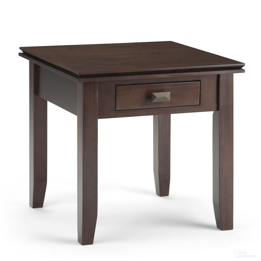 The appearance of Artisan Solid Wood End Table In Tobacco Brown designed by Simpli Home in the transitional interior design. This tobacco brown piece of furniture  was selected by 1StopBedrooms from Artisan Collection to add a touch of cosiness and style into your home. Sku: AXCHOL002-TB. Material: Pine.