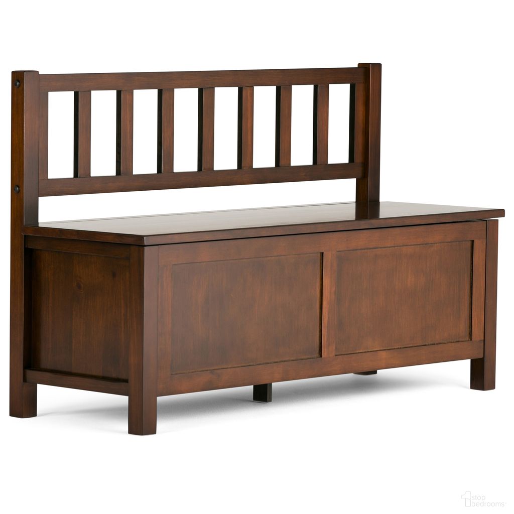 The appearance of Artisan Solid Wood Entryway Storage Bench In Russet Brown designed by Simpli Home in the transitional interior design. This russet brown piece of furniture was selected by 1StopBedrooms from Artisan Collection to add a touch of cosiness and style into your home. Sku: AXCRART13-RUS. Material: Pine.