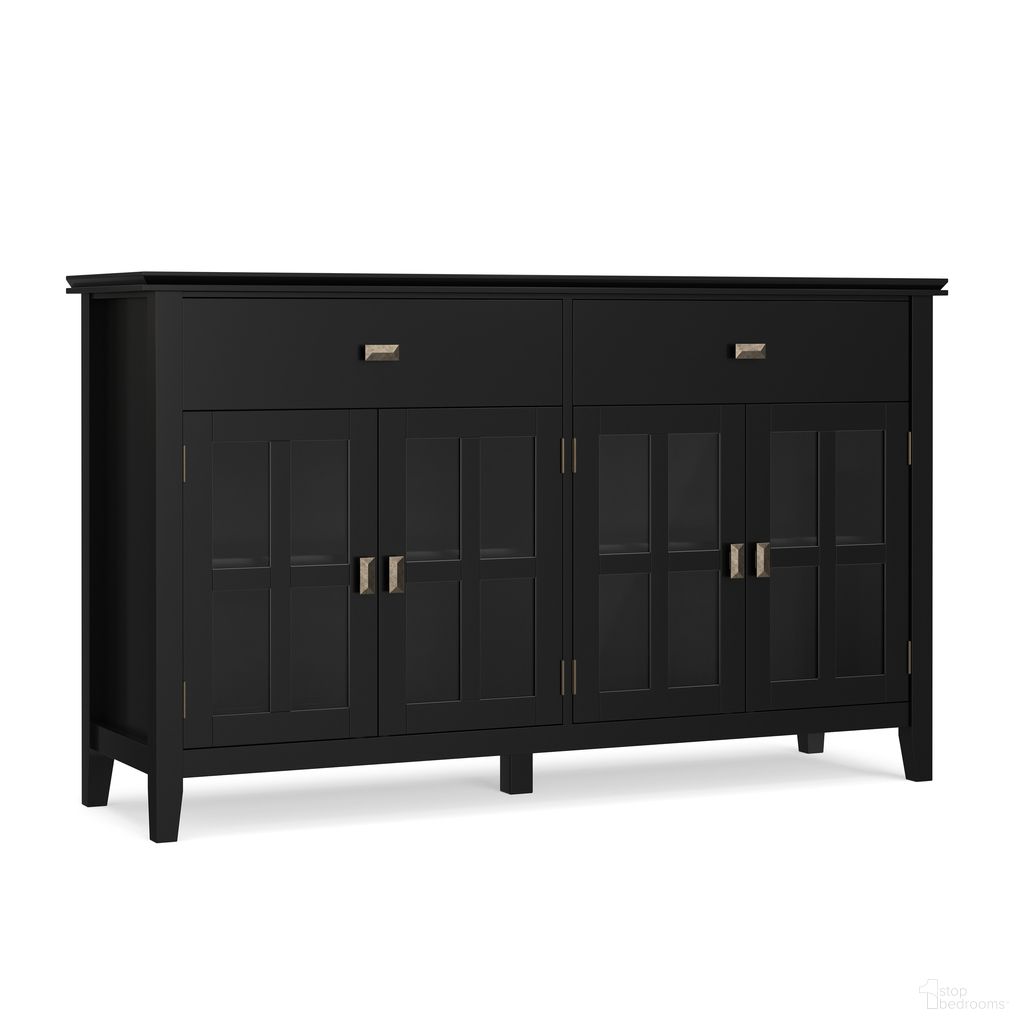 The appearance of Artisan Solid Wood Large 4 Door Sideboard Buffet In Black designed by Simpli Home in the transitional interior design. This black piece of furniture was selected by 1StopBedrooms from Artisan Collection to add a touch of cosiness and style into your home. Sku: AXCARTLG11-BL. Material: Solid Pine.