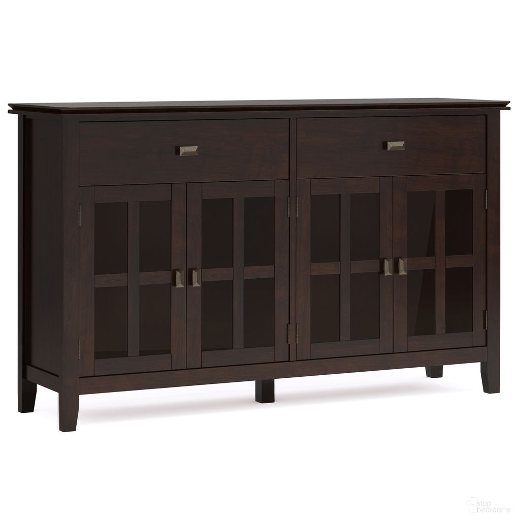 The appearance of Artisan Solid Wood Large 4 Door Sideboard Buffet In Dark Chestnut Brown designed by Simpli Home in the transitional interior design. This dark chestnut brown piece of furniture was selected by 1StopBedrooms from Artisan Collection to add a touch of cosiness and style into your home. Sku: AXCARTLG11-DCB. Material: Pine Wood.