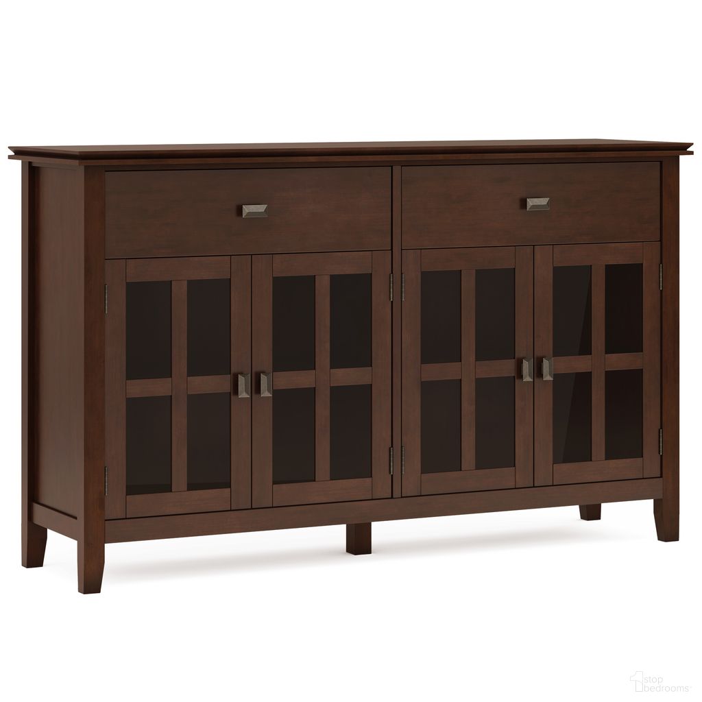 The appearance of Artisan Solid Wood Large 4 Door Sideboard Buffet In Russet Brown designed by Simpli Home in the transitional interior design. This russet brown piece of furniture  was selected by 1StopBedrooms from Artisan Collection to add a touch of cosiness and style into your home. Sku: AXCARTLG11-RUS. Material: Pine.