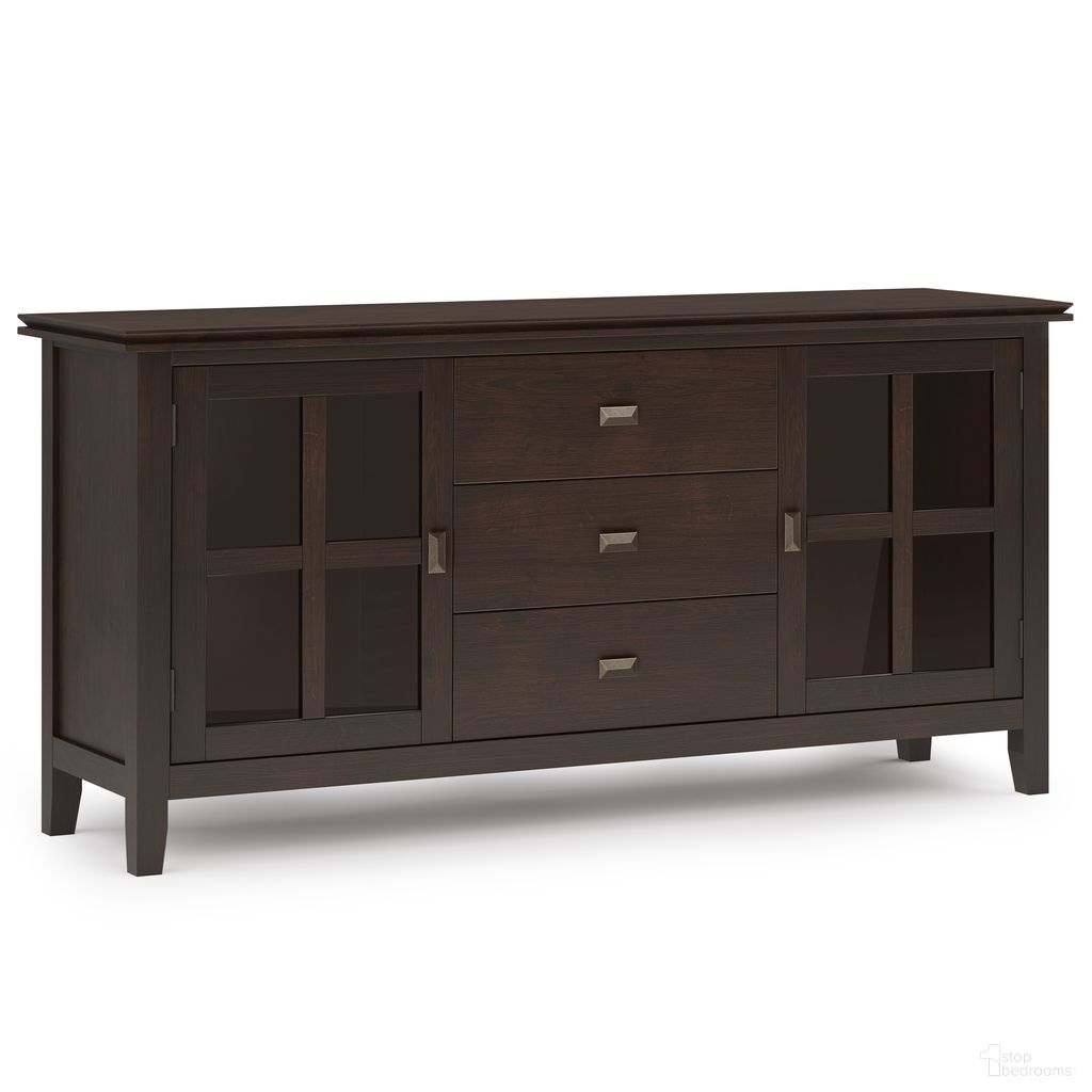 The appearance of Artisan Solid Wood Large Sideboard Buffet In Dark Chestnut Brown designed by Simpli Home in the modern / contemporary interior design. This dark chestnut brown piece of furniture  was selected by 1StopBedrooms from Artisan Collection to add a touch of cosiness and style into your home. Sku: AXCART30-DCB. Material: Pine.