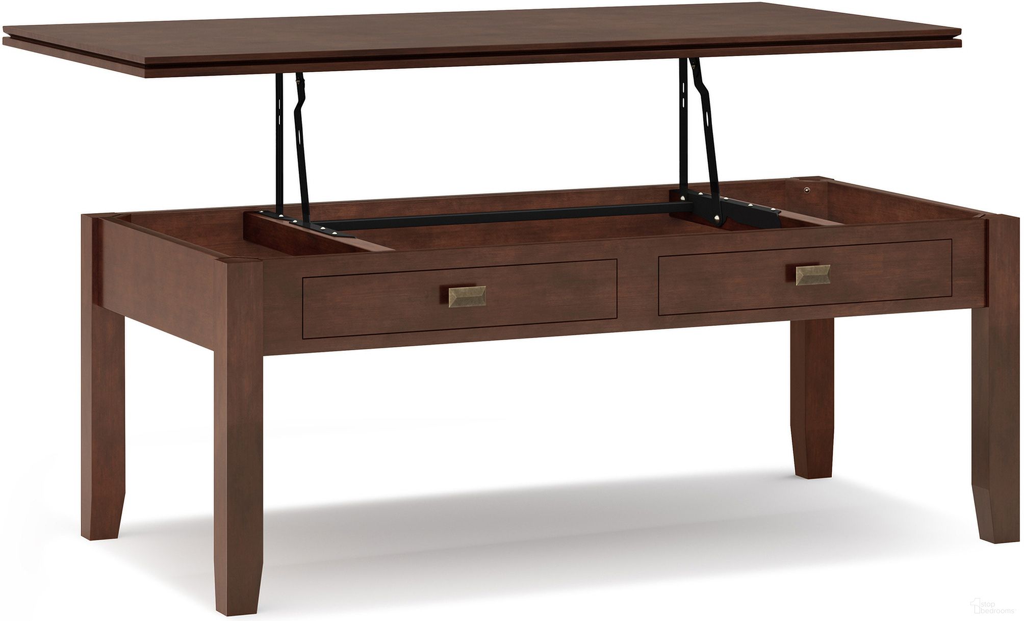 The appearance of Artisan Solid Wood Lift Top Coffee Table In Russet Brown designed by Simpli Home in the modern / contemporary interior design. This russet brown piece of furniture  was selected by 1StopBedrooms from Artisan Collection to add a touch of cosiness and style into your home. Sku: AXCART01A-RUS. Material: Pine.