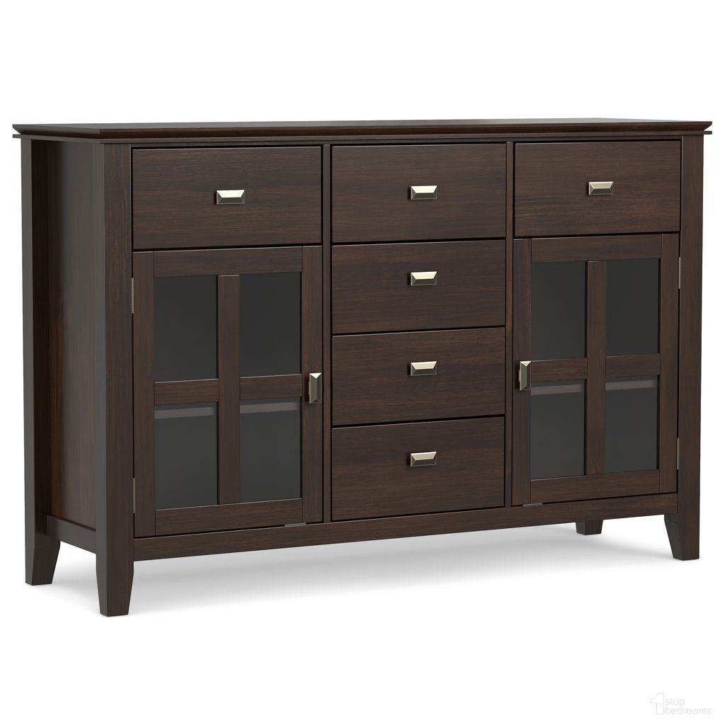 The appearance of Artisan Solid Wood Sideboard Buffet In Dark Chestnut Brown designed by Simpli Home in the transitional interior design. This dark chestnut brown piece of furniture was selected by 1StopBedrooms from Artisan Collection to add a touch of cosiness and style into your home. Sku: AXCHOL012-BR. Material: Pine.