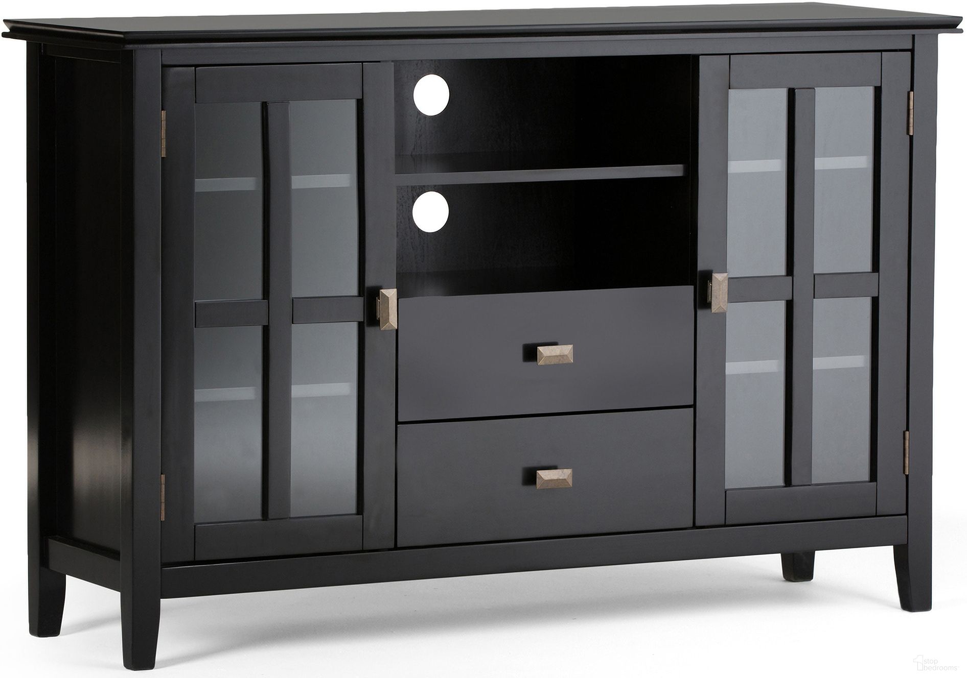 The appearance of Artisan Solid Wood Tall TV Media Stand In Black designed by Simpli Home in the transitional interior design. This black piece of furniture was selected by 1StopBedrooms from Artisan Collection to add a touch of cosiness and style into your home. Sku: AXCHOL005-BL. Material: Pine.