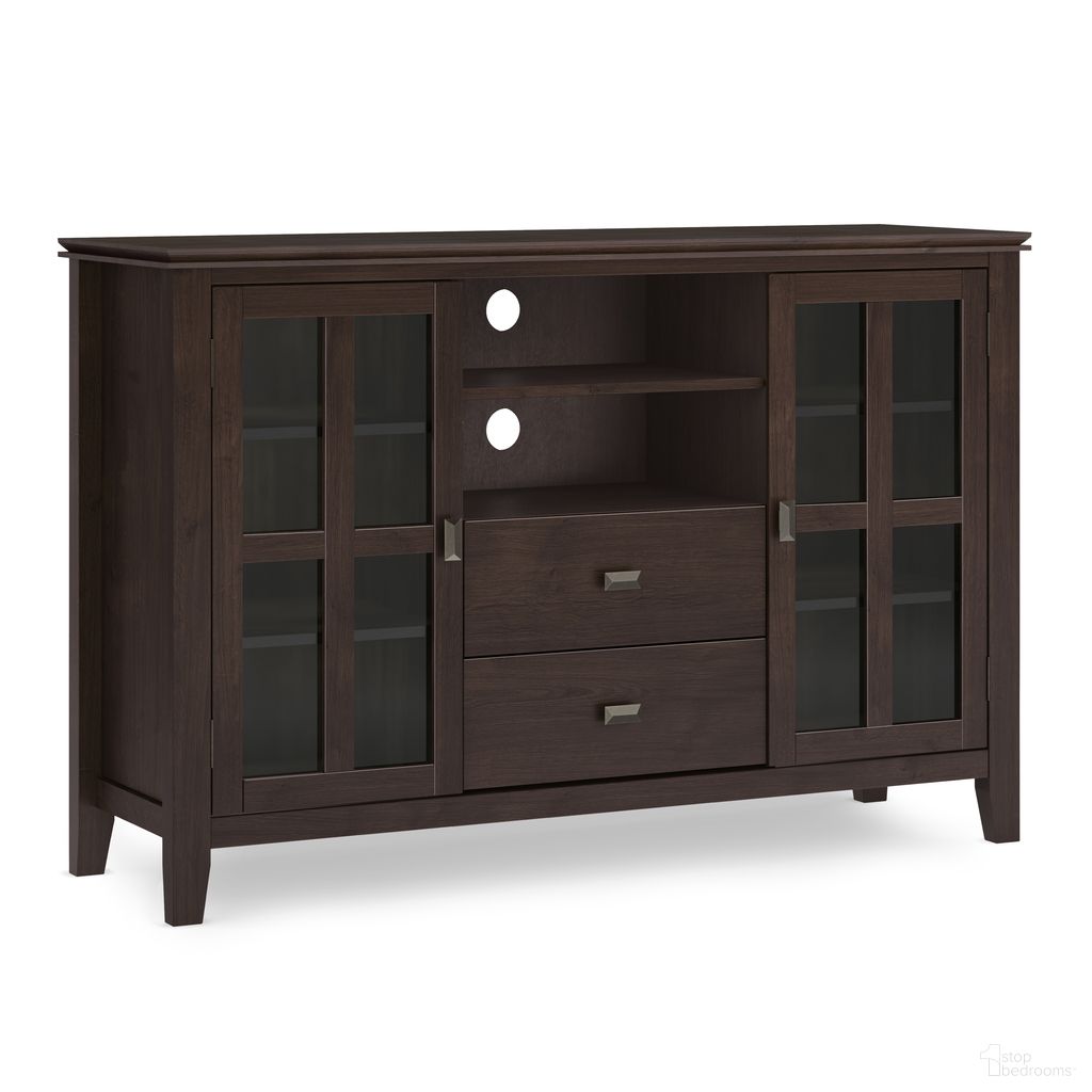 The appearance of Artisan Solid Wood Tall TV Media Stand In Dark Chestnut Brown designed by Simpli Home in the modern / contemporary interior design. This dark chestnut brown piece of furniture was selected by 1StopBedrooms from Artisan Collection to add a touch of cosiness and style into your home. Sku: AXCART17-DCB. Material: Pine.