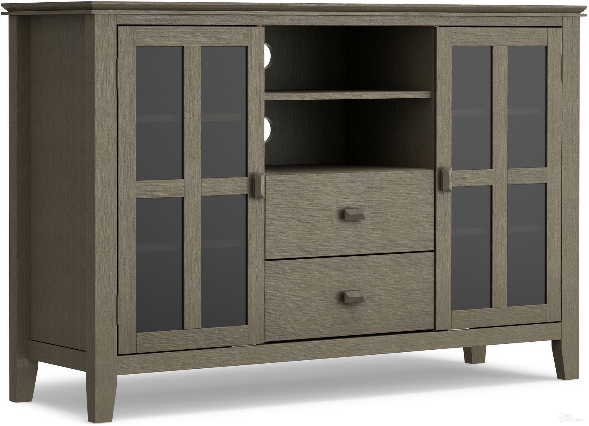 The appearance of Artisan Solid Wood Tall TV Media Stand In Farmhouse Grey designed by Simpli Home in the transitional interior design. This farmhouse grey piece of furniture was selected by 1StopBedrooms from Artisan Collection to add a touch of cosiness and style into your home. Sku: AXCART17-FG. Material: Pine.