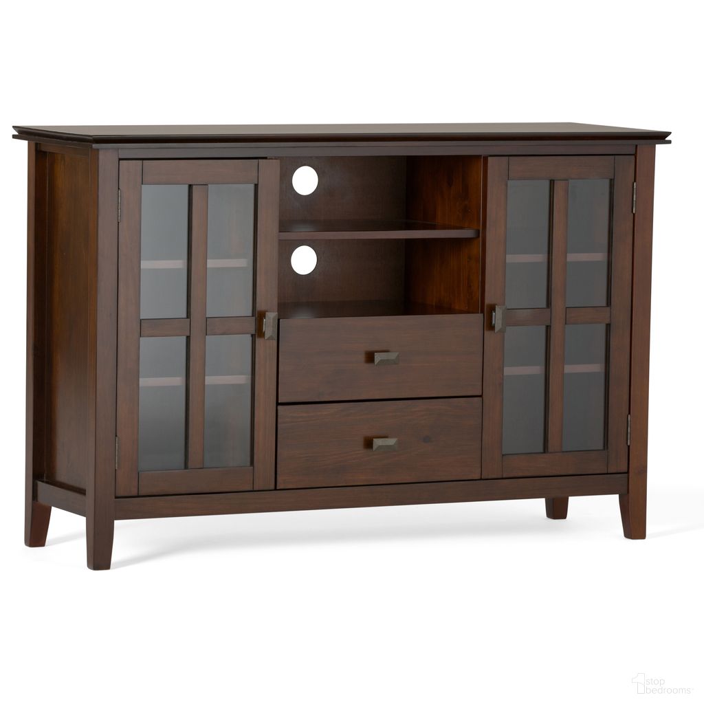 The appearance of Artisan Solid Wood Tall TV Media Stand In Russet Brown designed by Simpli Home in the transitional interior design. This russet brown piece of furniture was selected by 1StopBedrooms from Artisan Collection to add a touch of cosiness and style into your home. Sku: AXCRART17-RUS. Material: Pine.