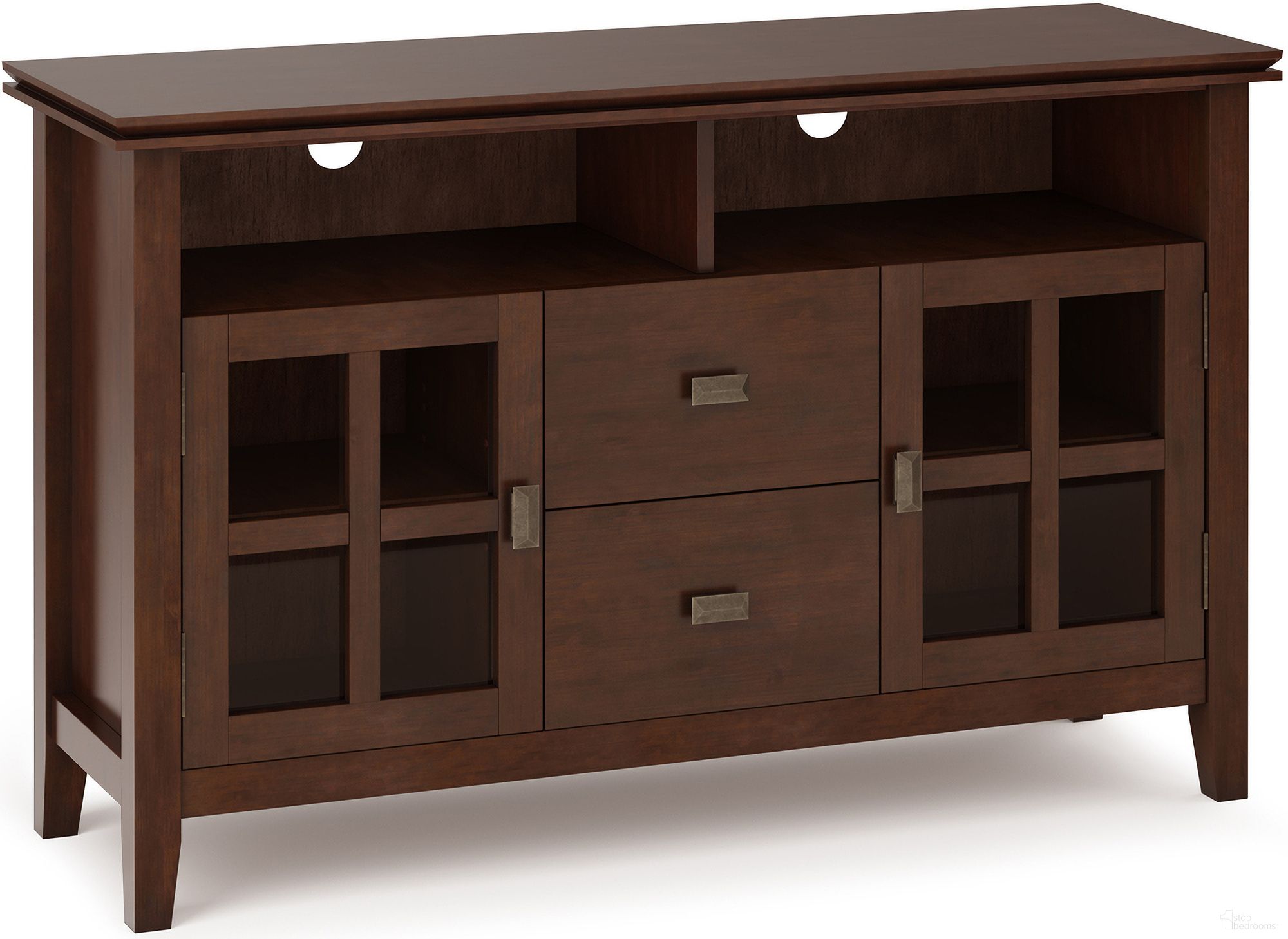 The appearance of Artisan Solid Wood TV Media Stand In Russet Brown designed by Simpli Home in the modern / contemporary interior design. This russet brown piece of furniture  was selected by 1StopBedrooms from Artisan Collection to add a touch of cosiness and style into your home. Sku: AXCART16-RUS. Material: Pine.