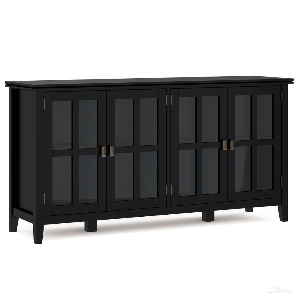 The appearance of Artisan Solid Wood Wide 4 Door Storage Cabinet In Black designed by Simpli Home in the modern / contemporary interior design. This black piece of furniture  was selected by 1StopBedrooms from Artisan Collection to add a touch of cosiness and style into your home. Sku: AXCART53-BL. Material: Pine.
