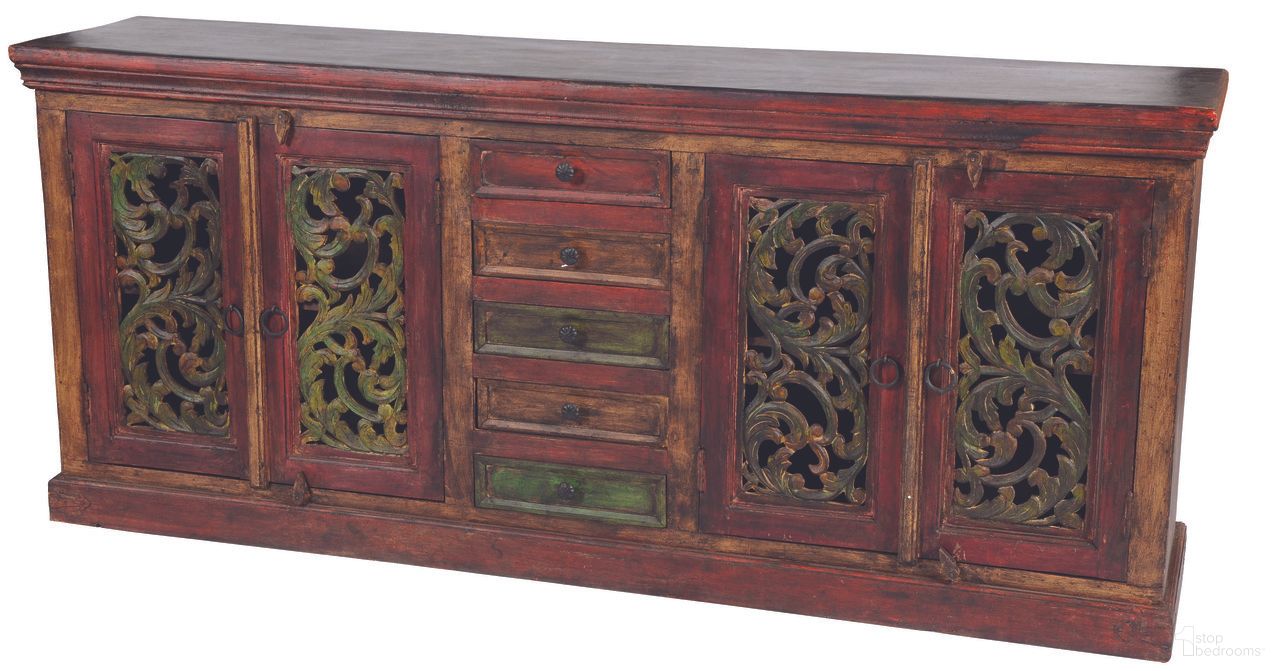 The appearance of Arvada 4 Carved Doors 5-Drawer Buffet In Brown designed by Moti in the rustic / southwestern interior design. This brown piece of furniture was selected by 1StopBedrooms from Arvada Collection to add a touch of cosiness and style into your home. Sku: 44009002. Material: Wood.