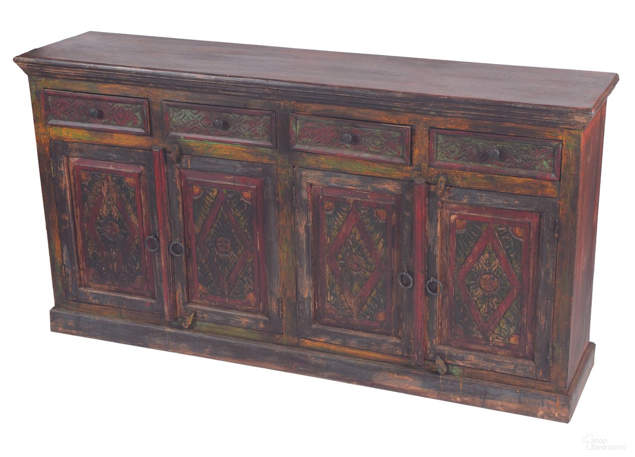 The appearance of Arvada 4 Carved Doors and 4 Drawer Buffet In Brown designed by Moti in the rustic / southwestern interior design. This brown piece of furniture was selected by 1StopBedrooms from Arvada Collection to add a touch of cosiness and style into your home. Sku: 44009009. Material: Wood.