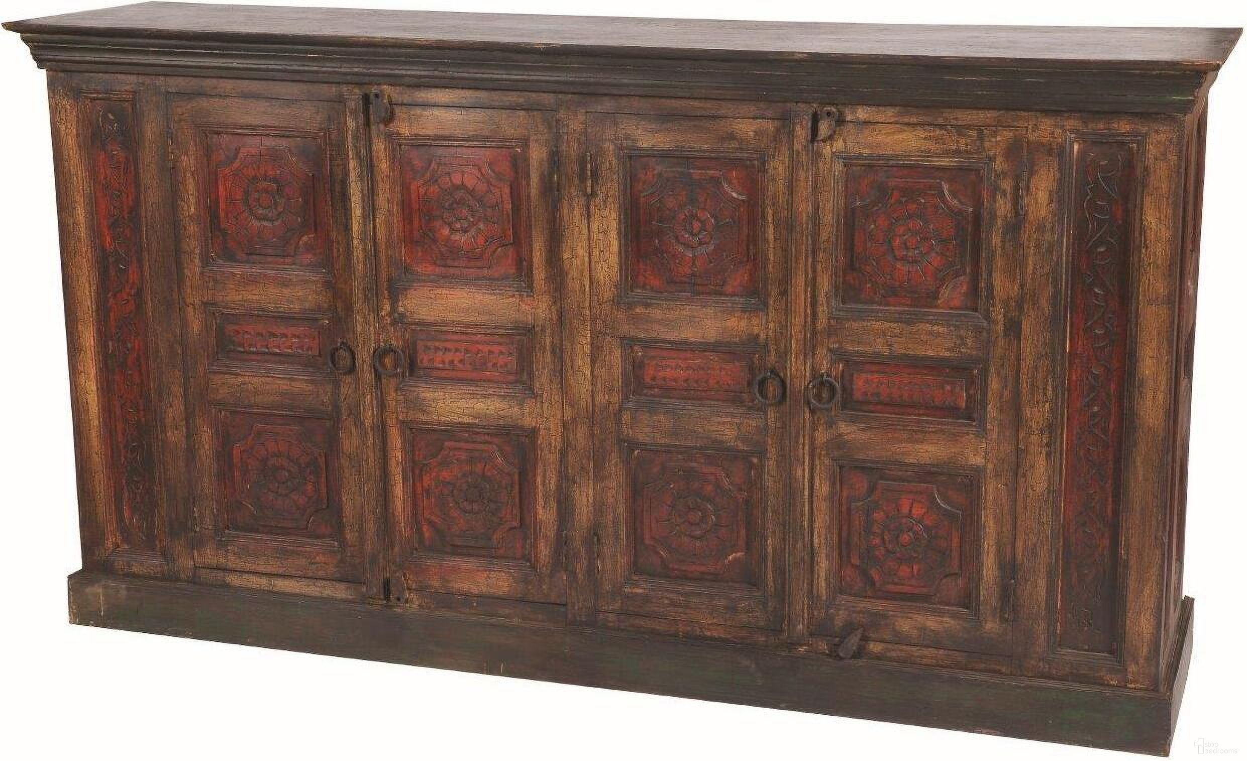 The appearance of Arvada 4 Carved Doors Buffet In Brown 44009015 designed by Moti in the rustic / southwestern interior design. This brown piece of furniture  was selected by 1StopBedrooms from Arvada Collection to add a touch of cosiness and style into your home. Sku: 44009015. Material: Wood.