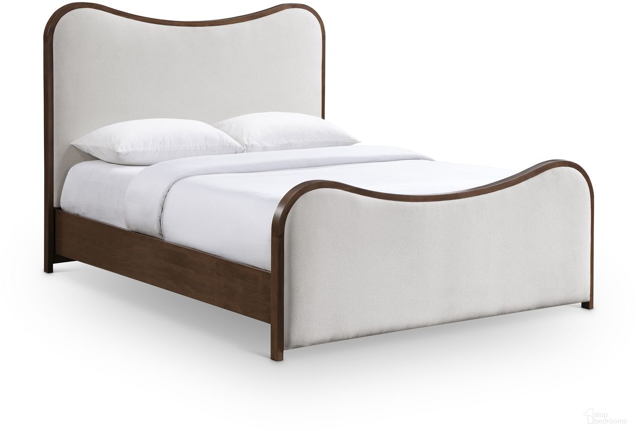 Arvada Linen Textured Fabric Upholstered Queen Bed In Beige and Brushed Walnut