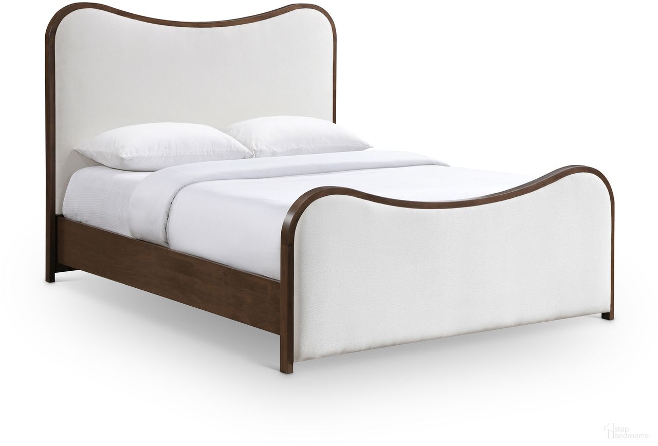 Arvada Linen Textured Fabric Upholstered Queen Bed In Cream and Brushed Walnut